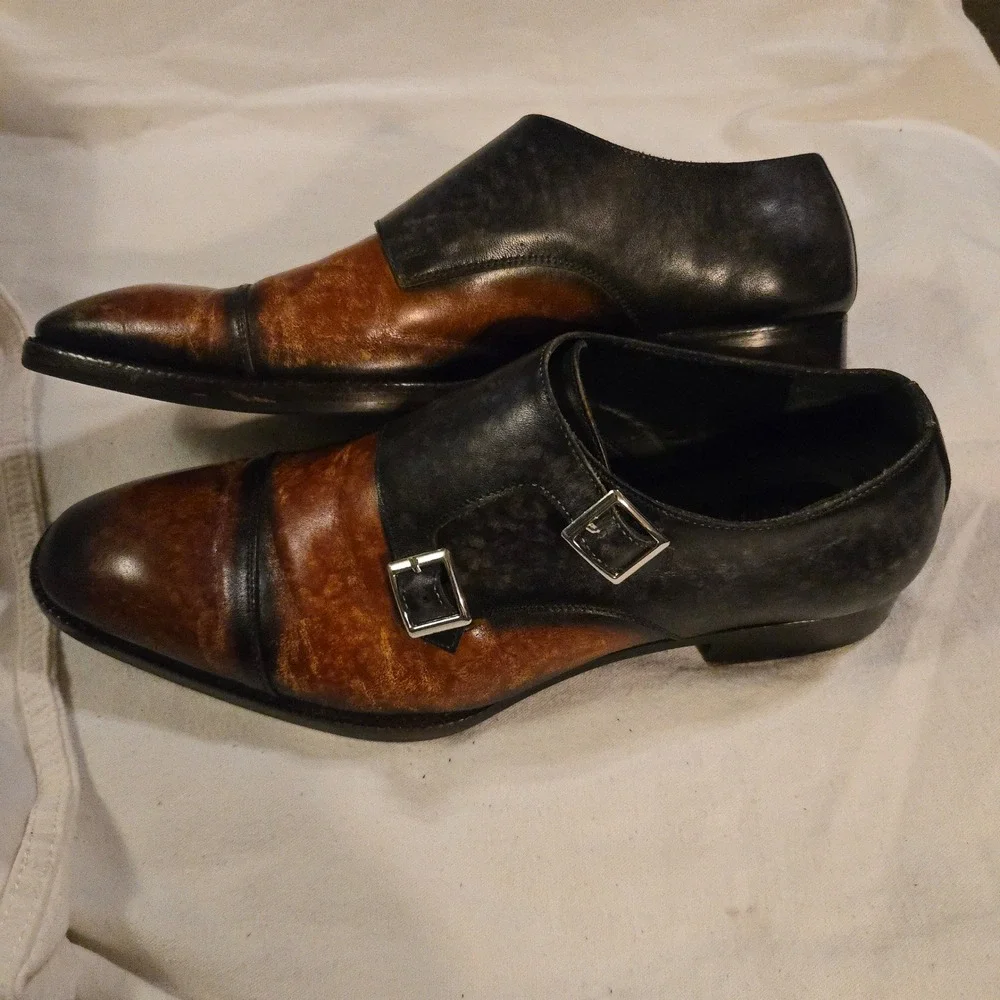 Dress Shoes Lethato Double Monk Strap Size 12 Mens Brown Black Burnished Leather